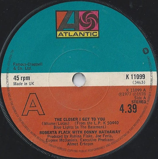 Roberta Flack With Donny Hathaway : The Closer I Get To You (7", Single, Sol)