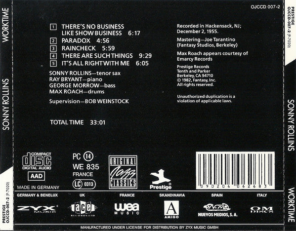 Sonny Rollins : Worktime  (CD, Album, RE, RM)
