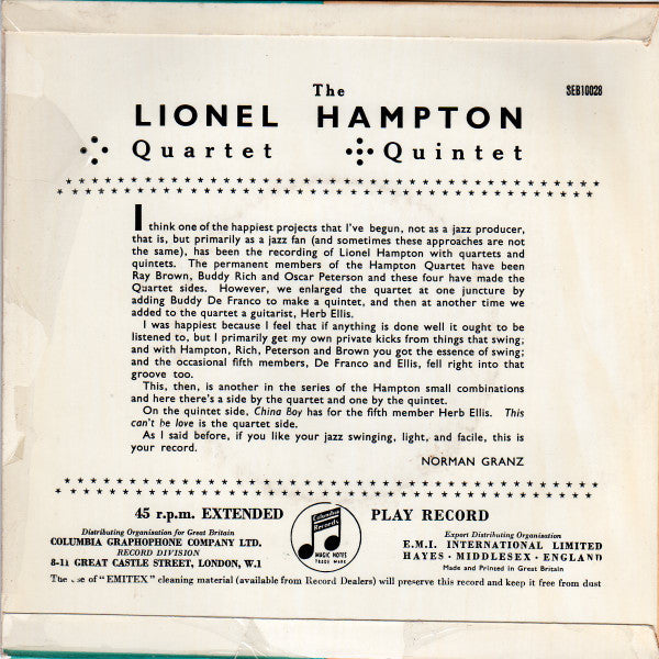 Lionel Hampton And His Quartet / Lionel Hampton Quintet : The Lionel Hampton Quartet - Quintet (7", EP)