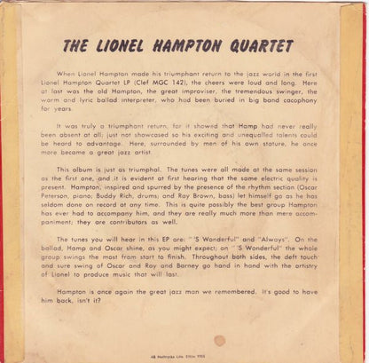 Lionel Hampton And His Quartet : The Lionel Hampton Quartet (7", EP)