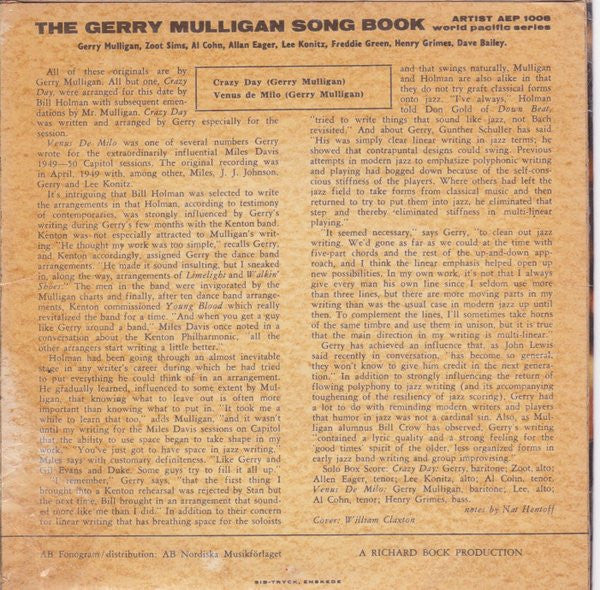 Gerry Mulligan And The Sax Section : The Gerry Mulligan Songbook Volume 1 (7", EP)
