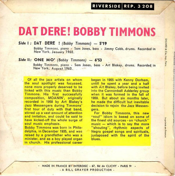 Bobby Timmons : Dat Dere (7", EP, Mono)
