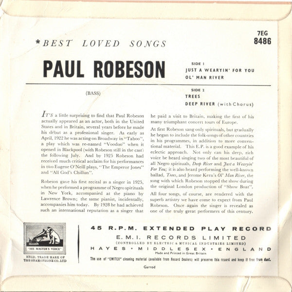 Paul Robeson : Best Loved Songs (7", EP, RP, Kno)