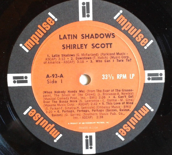Shirley Scott : Latin Shadows (LP, Album, Mono, Gat)