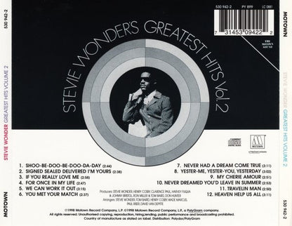 Stevie Wonder : Stevie Wonder's Greatest Hits Vol. 2 (CD, Comp, RE, RM)