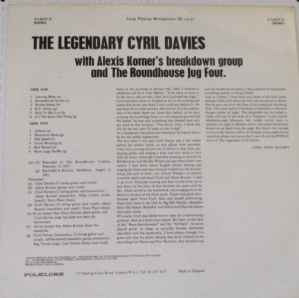 Cyril Davies : The Legendary Cyril Davies With Alexis Korner's Breakdown Group And The Roundhouse Four (LP)
