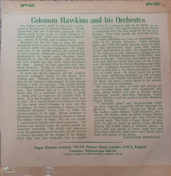 Coleman Hawkins And His Orchestra : Coleman Hawkins And His Orchestra (7", EP)