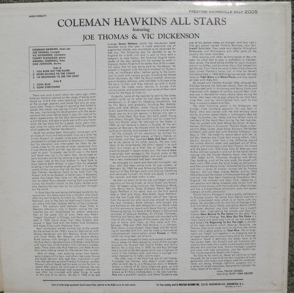 Coleman Hawkins All Stars Featuring Joe Thomas (4) & Vic Dickenson : Coleman Hawkins All Stars (LP, Album, Mono)