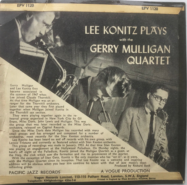 Lee Konitz Plays With Gerry Mulligan Quartet : Lee Konitz Plays With The Gerry Mulligan Quartet (7", EP)