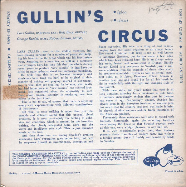 Lars Gullin Quartet : Gullin's Circus (7", EP, Mono)
