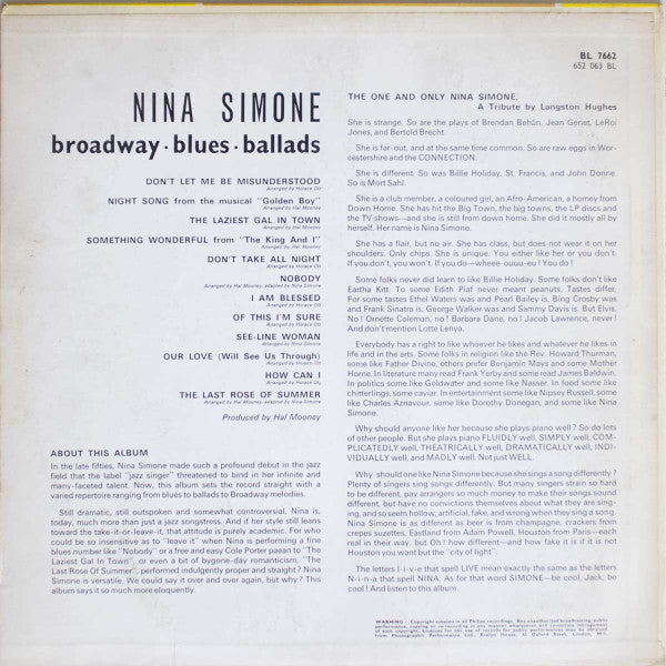 Nina Simone : Broadway - Blues - Ballads (LP, Album, Mono)