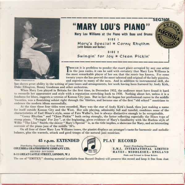 Mary Lou Williams : Mary Lou's Piano (7", EP, Mono)