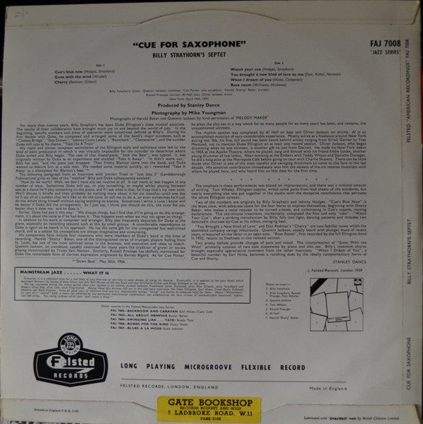 Billy Strayhorn's Septet : Cue For Saxophone (LP, Album, Mono)