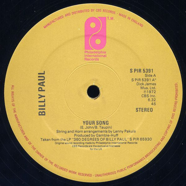Billy Paul : Your Song (12", Single, Ltd, S/Edition)