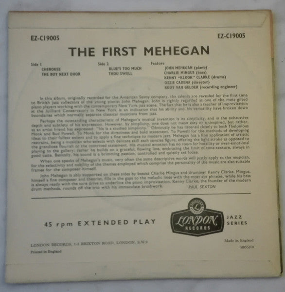 John Mehegan Trio : The First Mehegan, Vol. 1 (7", EP, Mono)