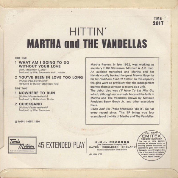 Martha Reeves & The Vandellas : Hittin' (7", EP, Mono)