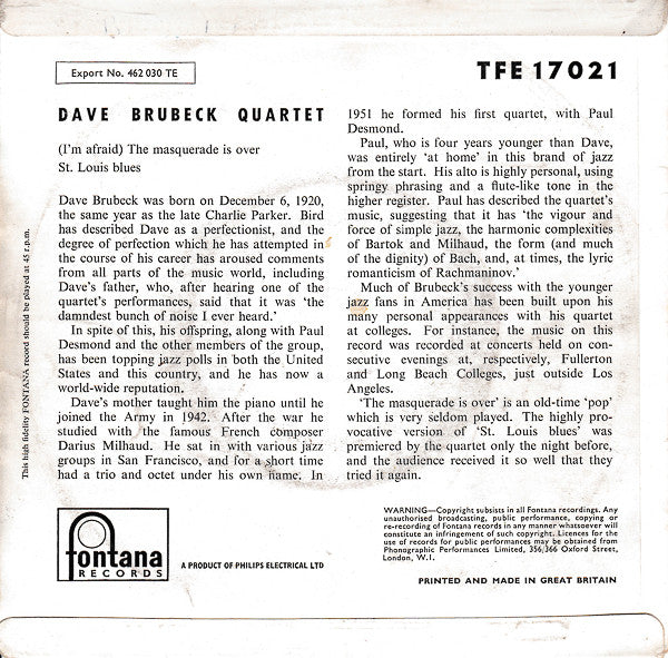 The Dave Brubeck Quartet : (I'm Afraid) The Masquerade Is Over / St. Louis Blues (7", EP)