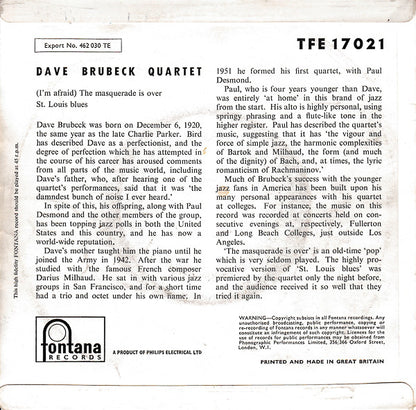 The Dave Brubeck Quartet : (I'm Afraid) The Masquerade Is Over / St. Louis Blues (7", EP)
