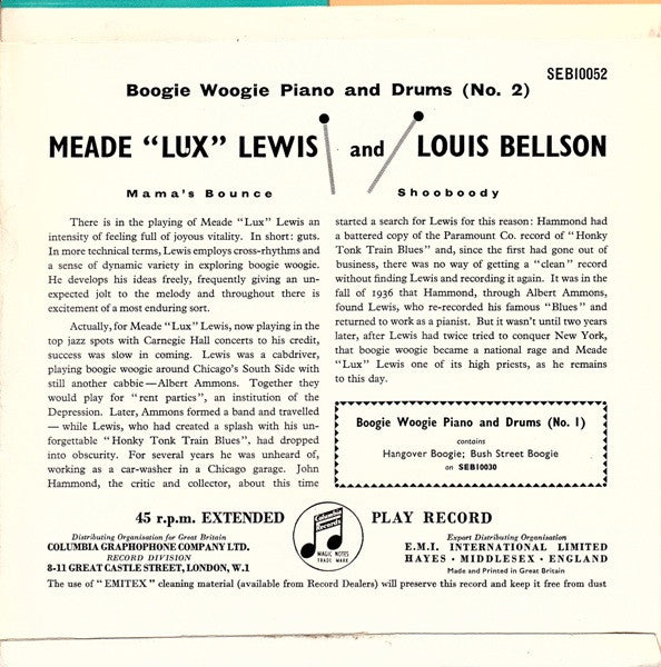 Meade "Lux" Lewis And Louis Bellson : Boogie Woogie Piano And Drums (No. 2) (7", EP)