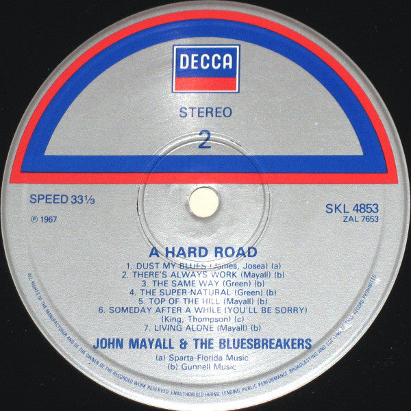 John Mayall & The Bluesbreakers : A Hard Road (LP, Album, RE)