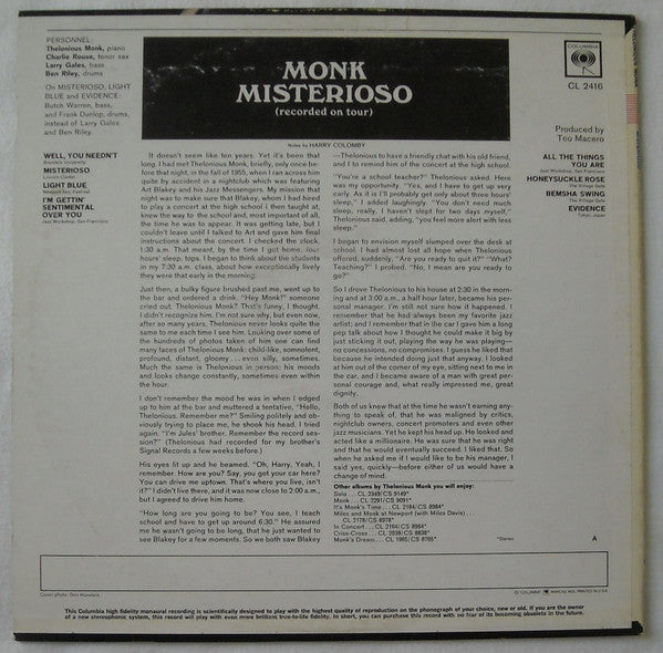 Thelonious Monk : Misterioso (LP, Album, Mono, Promo)