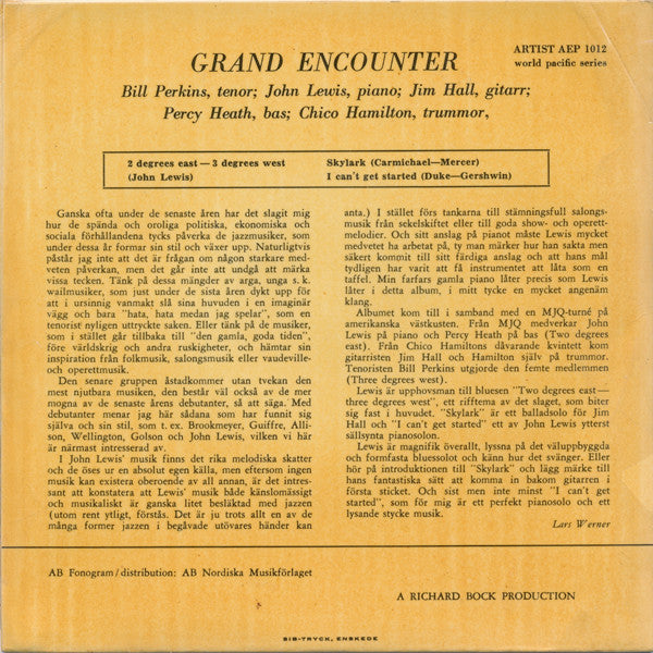 John Lewis (2), Bill Perkins, Percy Heath, Chico Hamilton, Jim Hall : Grand Encounter (7", EP)