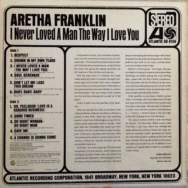 Aretha Franklin : I Never Loved A Man The Way I Love You (LP, Album, RE, SP )