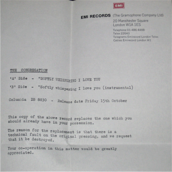 The Congregation* : Softly Whispering I Love You (7", Single, Mono, Sol)