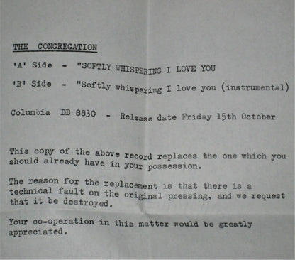 The Congregation* : Softly Whispering I Love You (7", Single, Mono, Sol)
