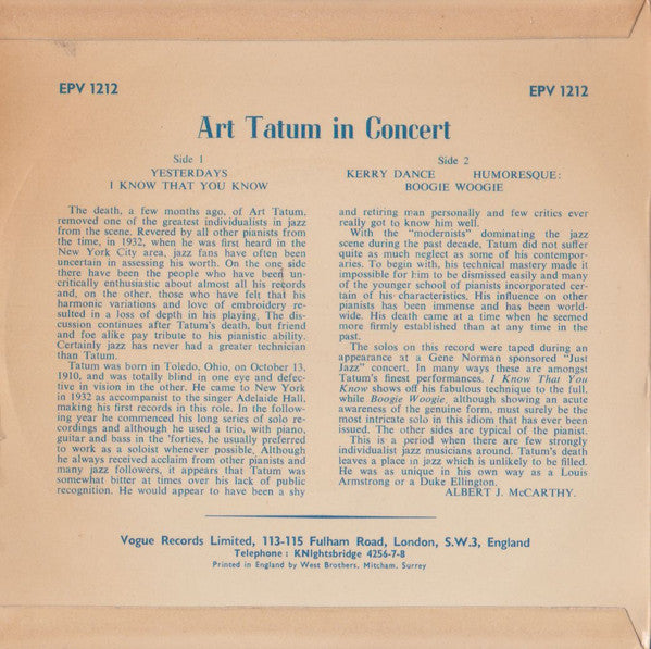 Art Tatum : Art Tatum In Concert (Art Tatum Piano Solo) (7", EP)