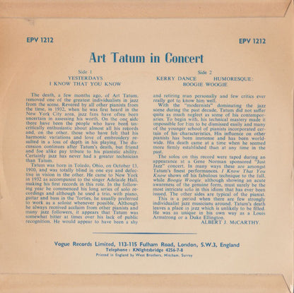 Art Tatum : Art Tatum In Concert (Art Tatum Piano Solo) (7", EP)