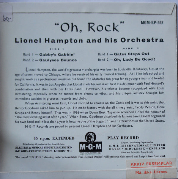 Lionel Hampton And His Orchestra : Oh, Rock (7", EP, Comp)