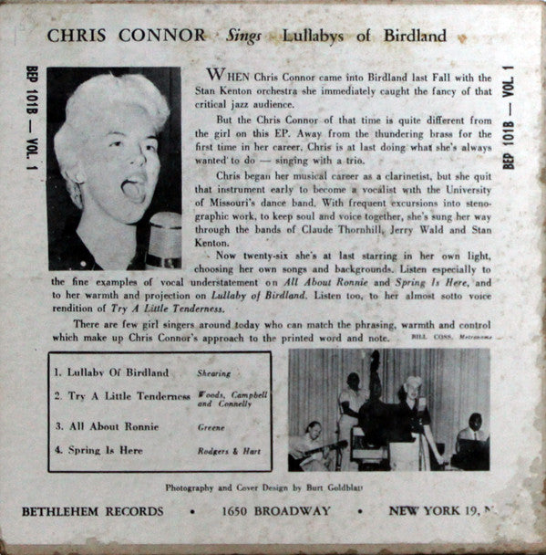 Chris Connor : Sings Lullabys Of Birdland (7", EP, Styrene)