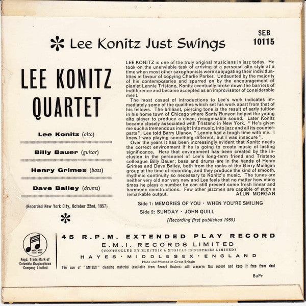 Lee Konitz : Lee Konitz Just Swings (7", EP)