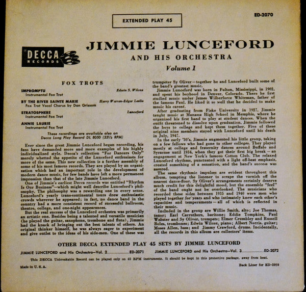 Jimmie Lunceford And His Orchestra : Vol. 1 (7", EP)
