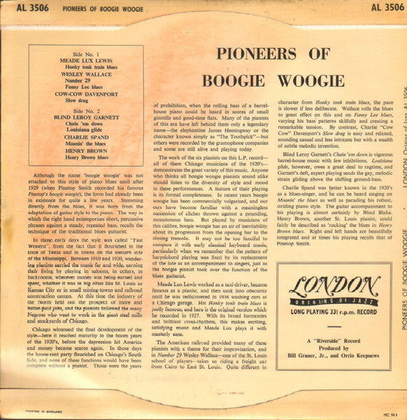 Various : Pioneers Of Boogie Woogie (10", Comp, Mono)