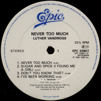 Luther Vandross : Never Too Much (LP, Album, RE)