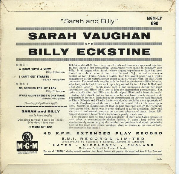 Billy Eckstine and Sarah Vaughan : Billy And Sarah (7", EP)