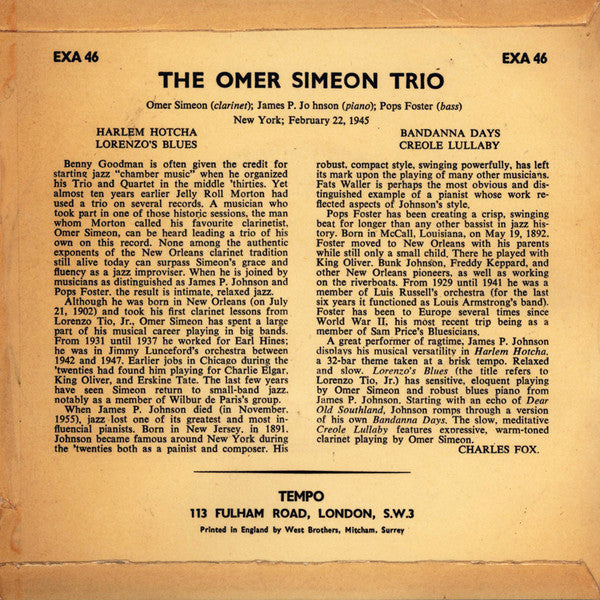 Omer Simeon Trio : The Omer Simeon Trio (7", EP, Tri)