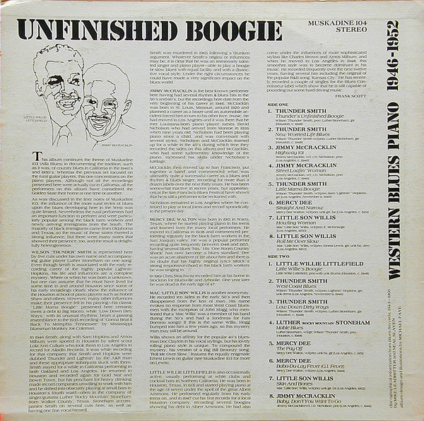 Various : Unfinished Boogie (Western Blues Piano 1946-1952) (LP, Comp)
