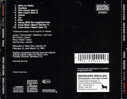 Cannonball Adderley With Bill Evans : Know What I Mean? (CD, Album, RE, RM)