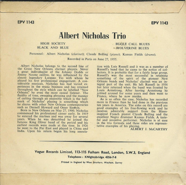 Albert Nicholas And His Orchestra : New Orleans Parade Vol 2 (7", EP)