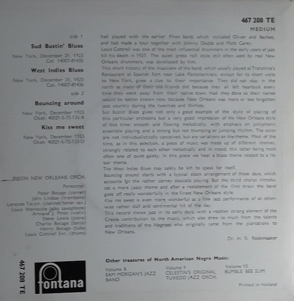 Piron's New Orleans Orchestra : Treasures Of North-American Negro Music Volume 12 (7", EP)