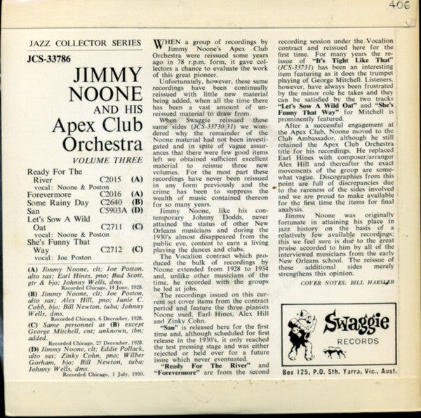 Jimmie Noone's Apex Club Orchestra : Jimmie Noone And His Apex Club Orchestra Vol. 3 (7", EP)