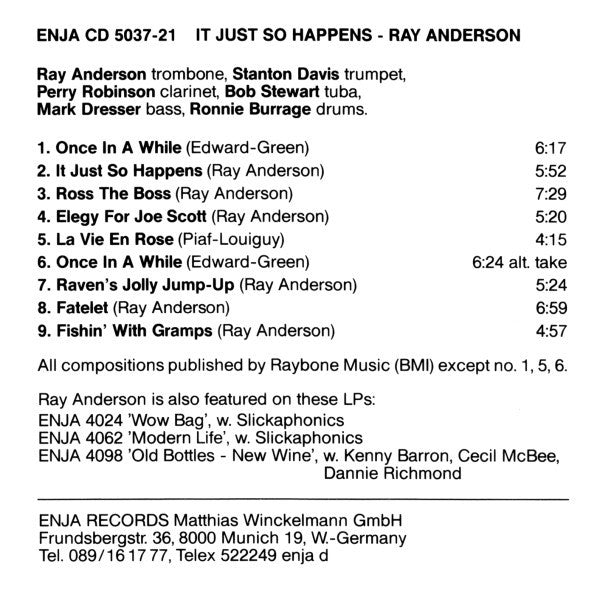 Ray Anderson : It Just So Happens (CD, Album)