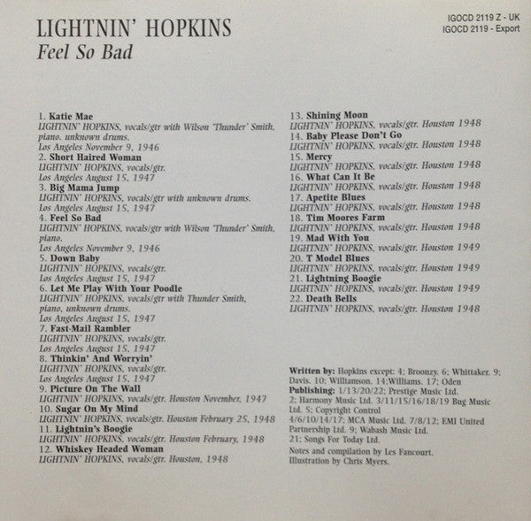 Lightnin' Hopkins : Feel So Bad - The Essential Recordings (CD, Comp, RM)