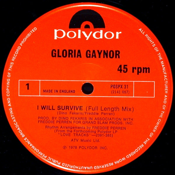 Gloria Gaynor : I Will Survive (Full Length Mix) (12", Single)